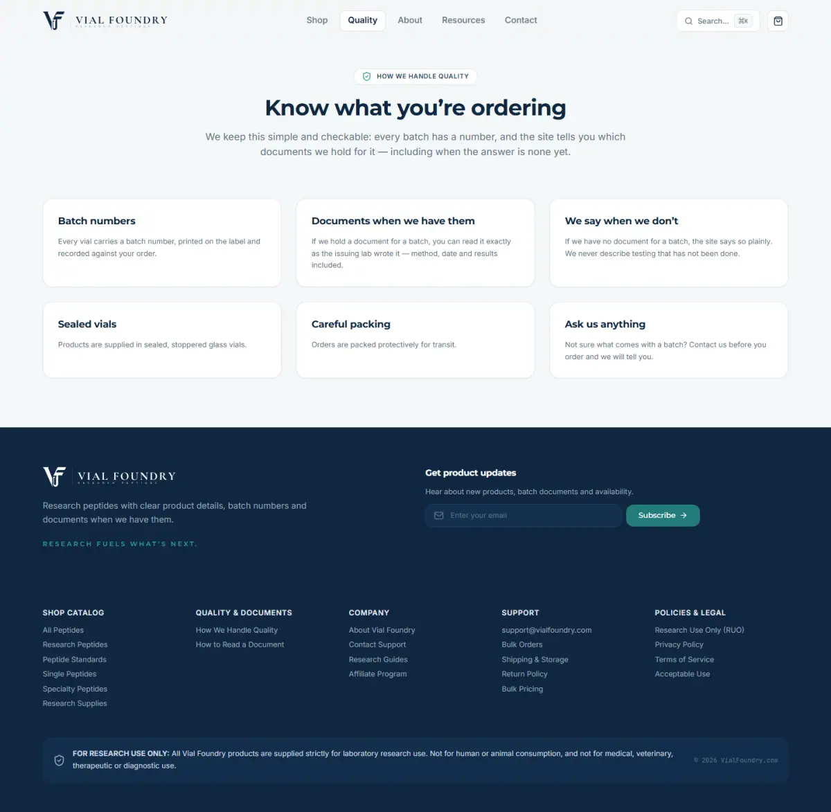 Vial Foundry quality and batch documentation page